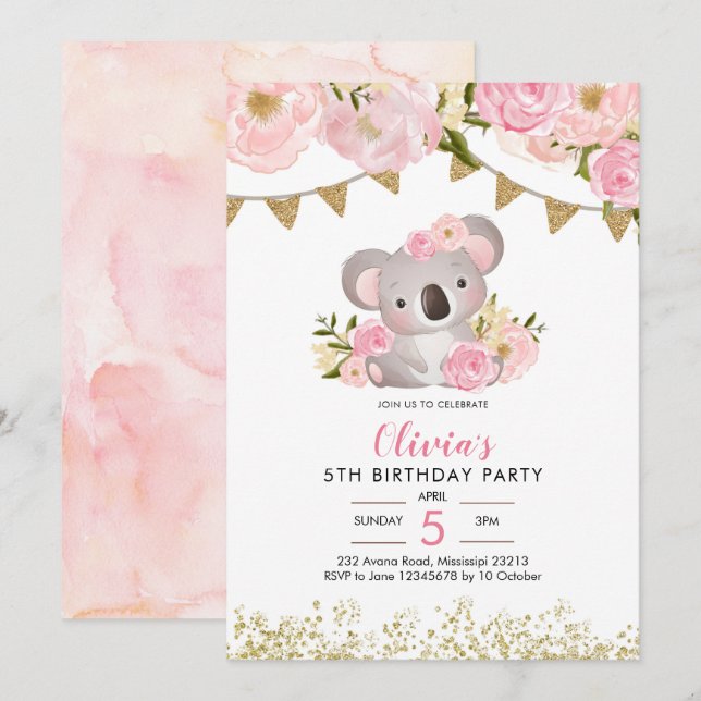 Invitación de cumpleaños de Wreath Floral Rosa Koa (Anverso / Reverso)