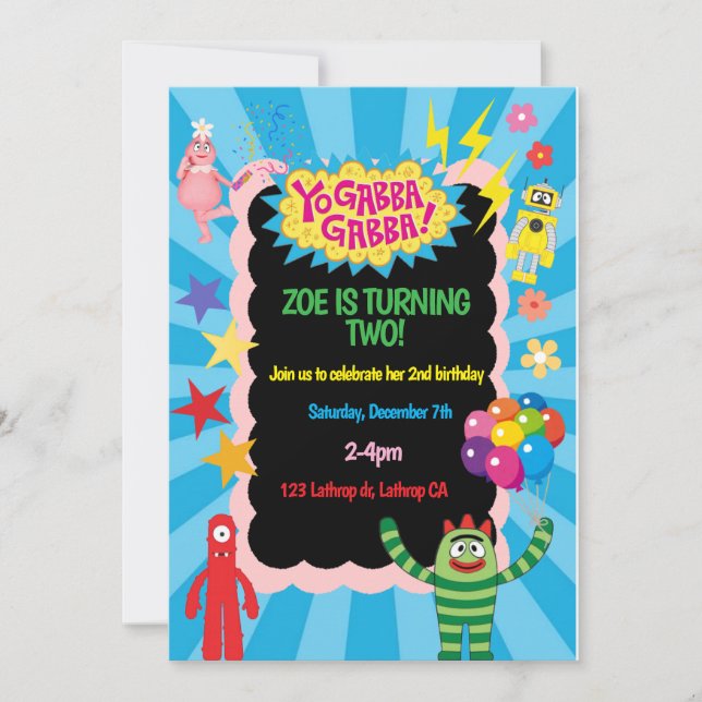 Invitación de cumpleaños de Yo Gabba Gabba (Anverso)