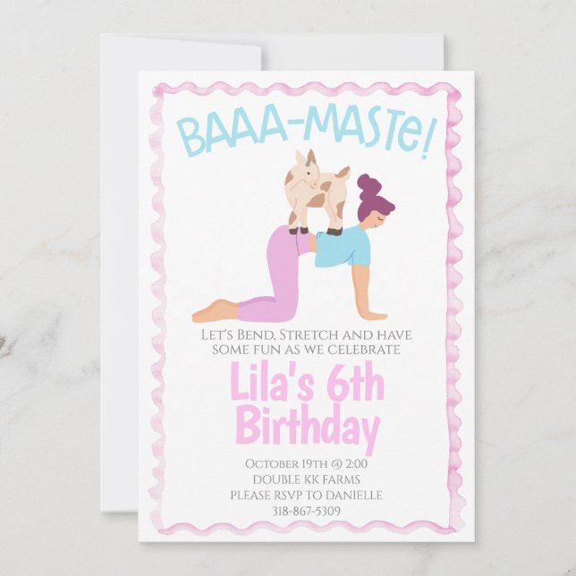 Invitación de cumpleaños de yoga con cabra (Anverso)