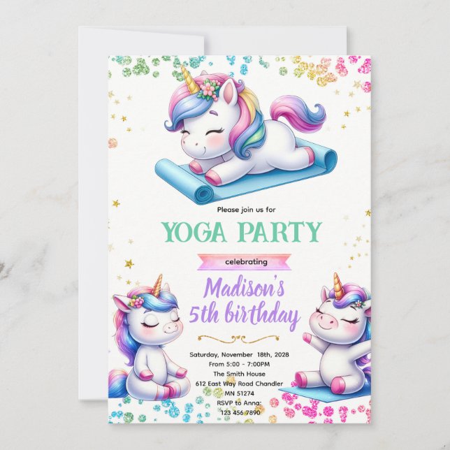 invitación de cumpleaños de yoga de unicornio (Anverso)