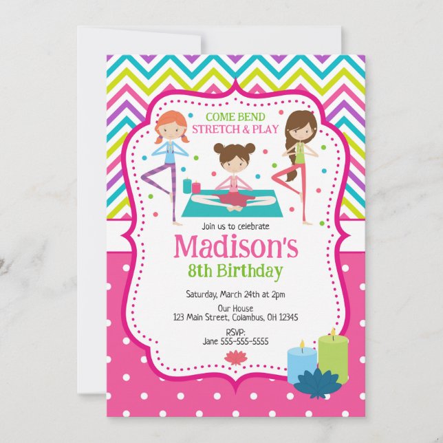 Invitación de cumpleaños de yoga para niñas (Anverso)