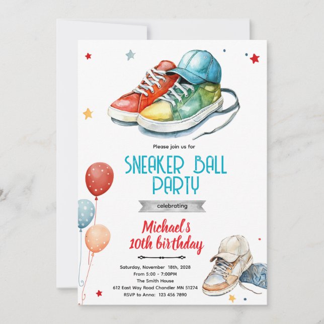 invitación de cumpleaños de zapatillas (Anverso)