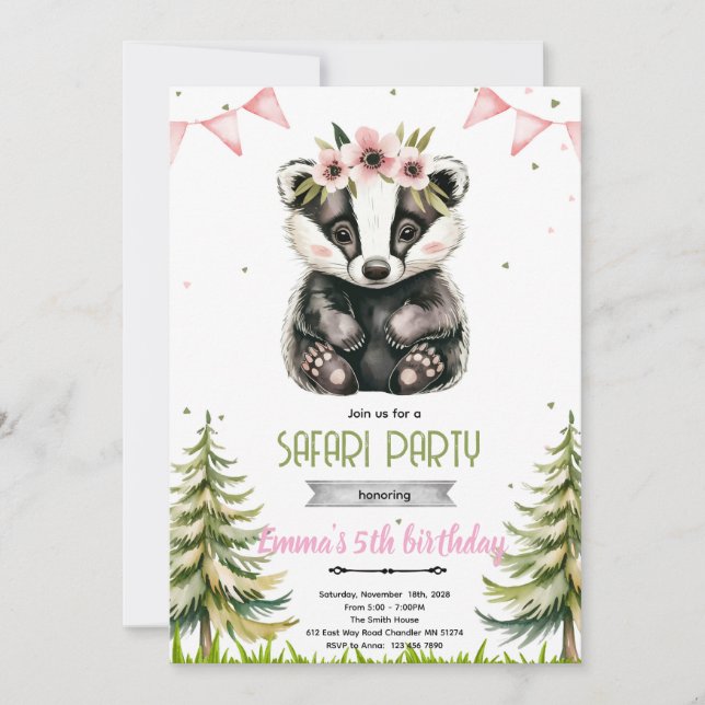 invitación de cumpleaños de zorrillo floral rosa (Anverso)