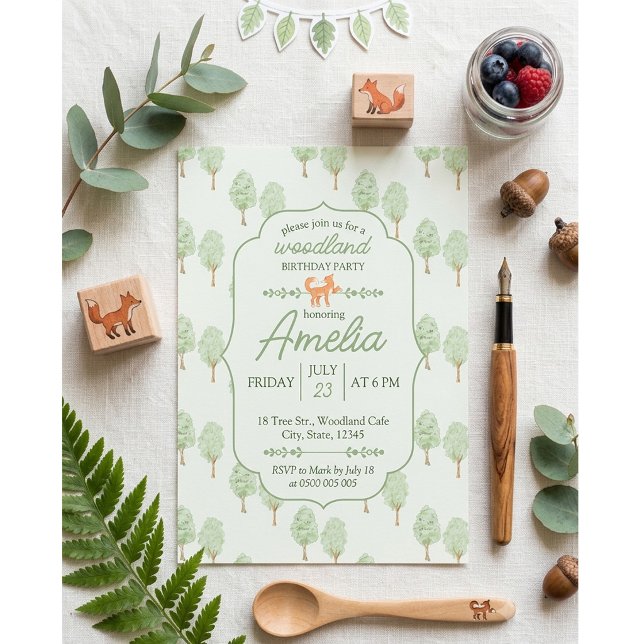 Invitación de cumpleaños de zorro lindo árboles de (Subido por el creador)