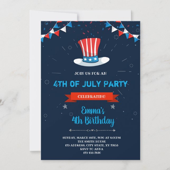 invitación de cumpleaños del 4 de julio (Anverso)