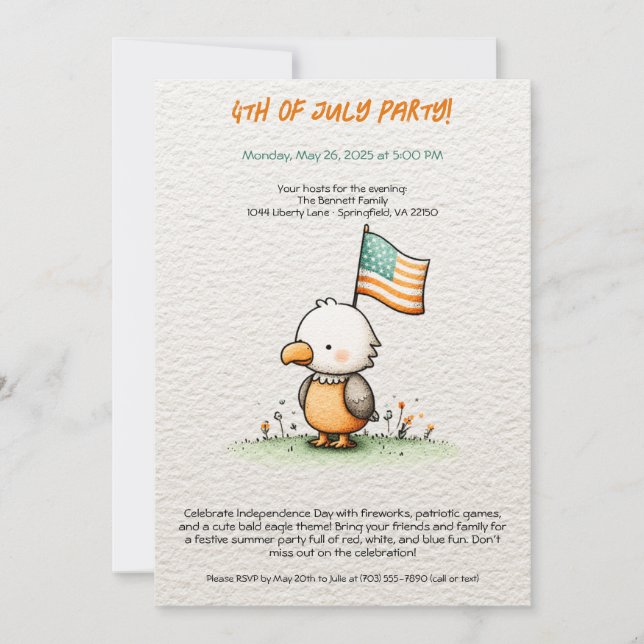 Invitación de cumpleaños del 4 de julio de águila  (Anverso)