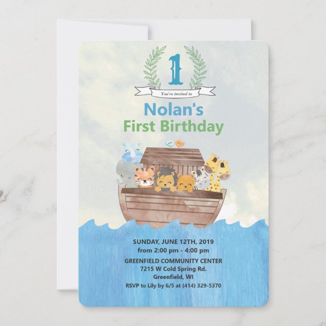Invitación de cumpleaños del Arca de Noé para cual (Anverso)