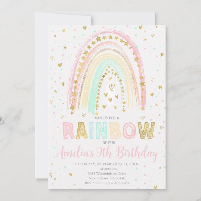 Invitación de cumpleaños del arcoíris colorido, Ar (Anverso)