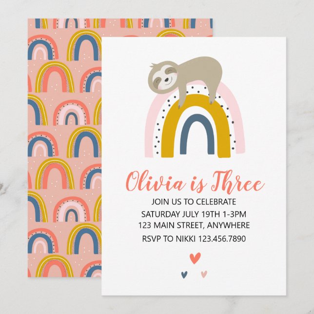 Invitación de cumpleaños del arcoíris de perezoso (Anverso / Reverso)
