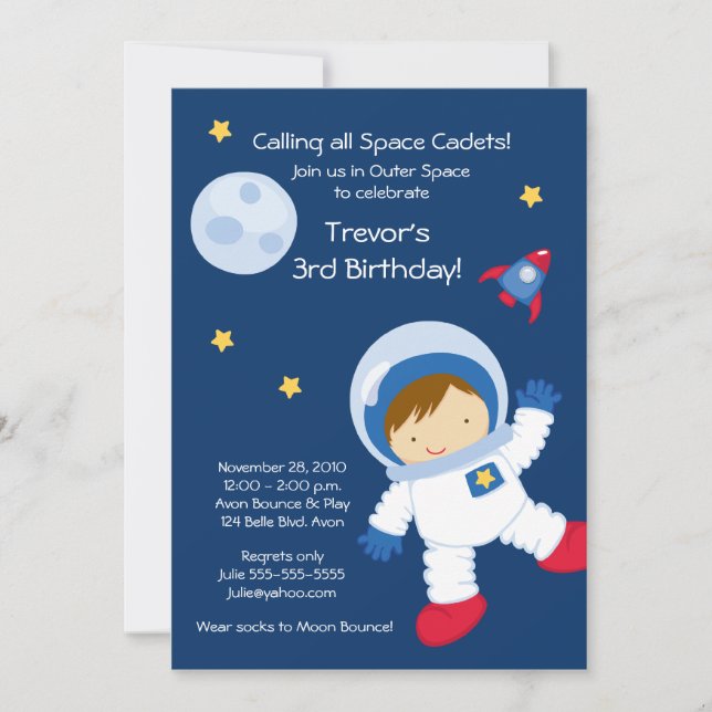 Invitación de cumpleaños del Astronauta al ESPACIO (Anverso)