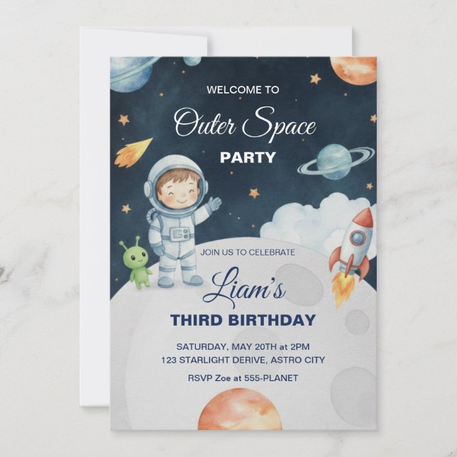 Invitación de cumpleaños del astronauta de aventur (Anverso)