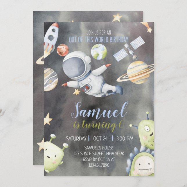 Invitación de cumpleaños del astronauta espacial (Anverso / Reverso)