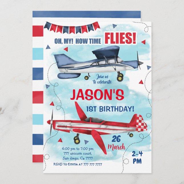 Invitación de cumpleaños del avión (Anverso / Reverso)