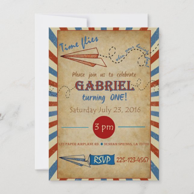 Invitación de cumpleaños del avión de papel pintad (Anverso)