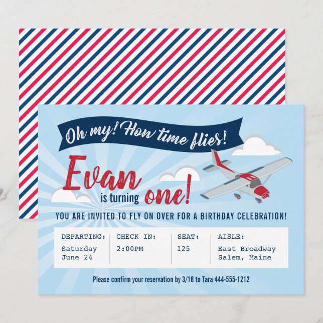 Invitación de cumpleaños del avión de vuelo tempor (Anverso / Reverso)