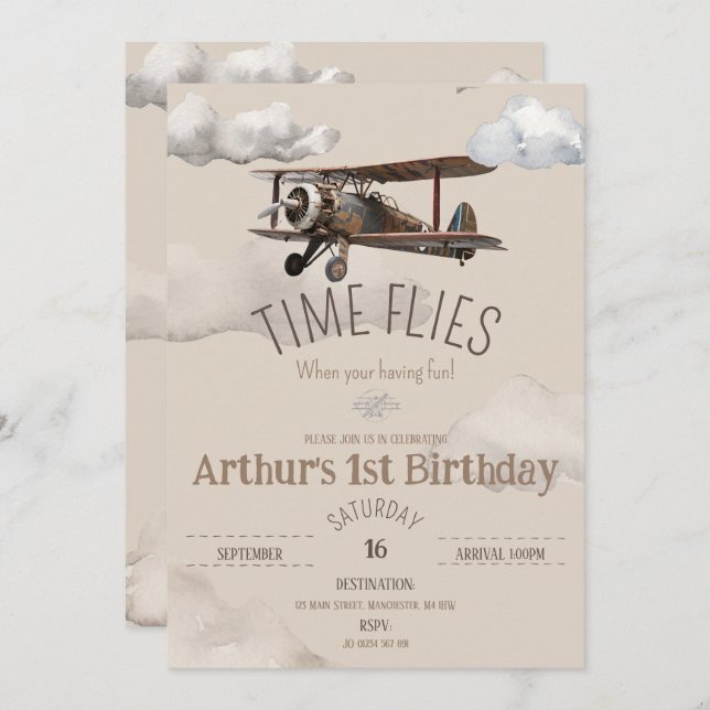 Invitación de cumpleaños del avión de vuelo tempor (Anverso / Reverso)