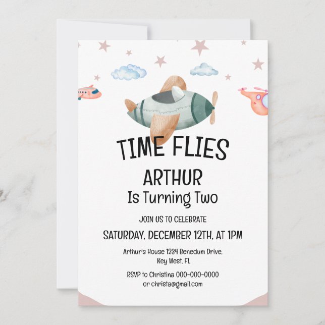 Invitación de cumpleaños del avión de Watercolor T (Anverso)