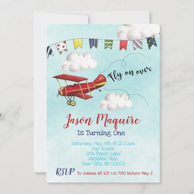 Invitación de cumpleaños del avión para el primer  (Anverso)