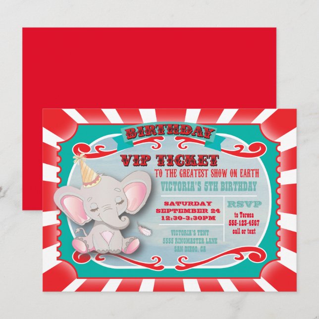 Invitación de cumpleaños del Baby Elephant Circus  (Anverso / Reverso)