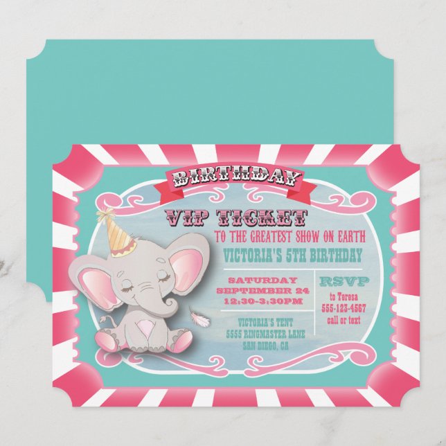 Invitación de cumpleaños del Baby Elephant Circus  (Anverso / Reverso)