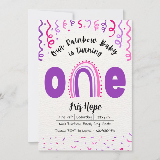 Invitación de cumpleaños del bebé arcoiris (Anverso)