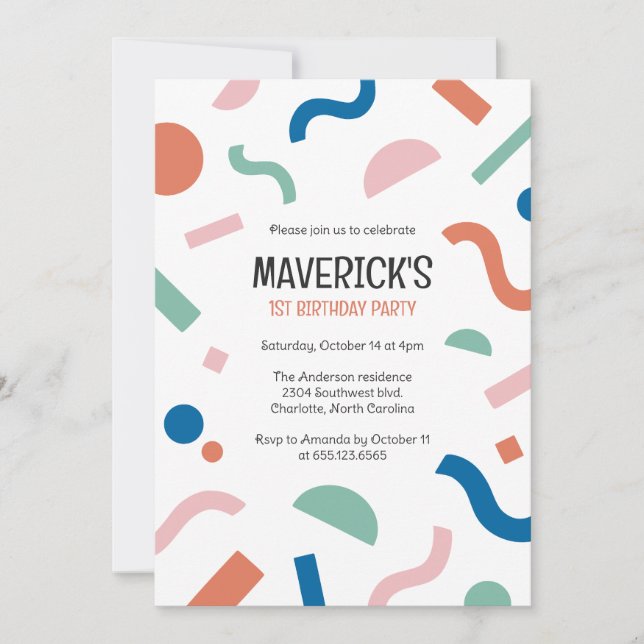 Invitación de cumpleaños del bebé con formas abstr (Anverso)