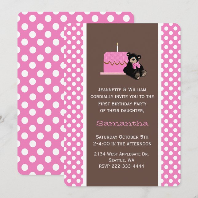 Invitación de cumpleaños del bebé de color rosa y  (Anverso / Reverso)