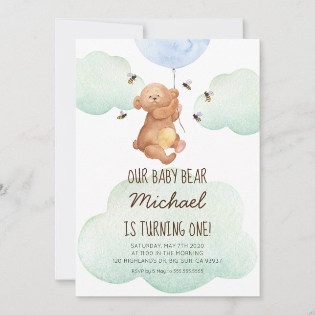 Invitación de cumpleaños del bebé oso Teddy Bear B (Anverso)