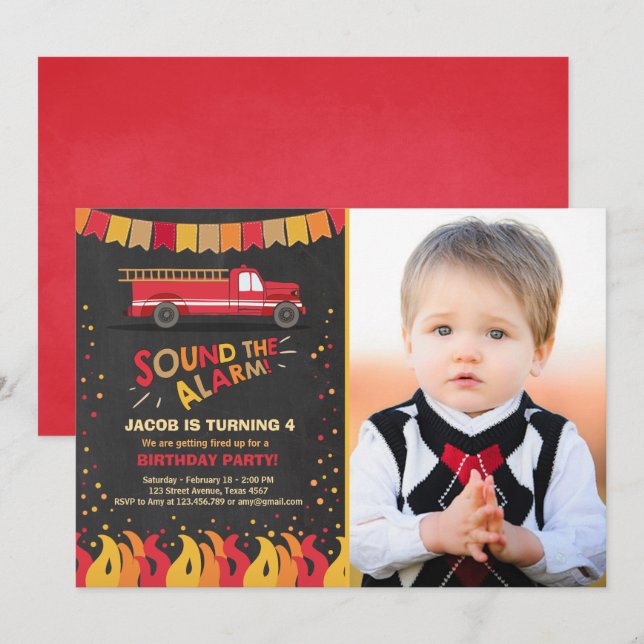 Invitación de cumpleaños del bombero de camión de  (Anverso / Reverso)