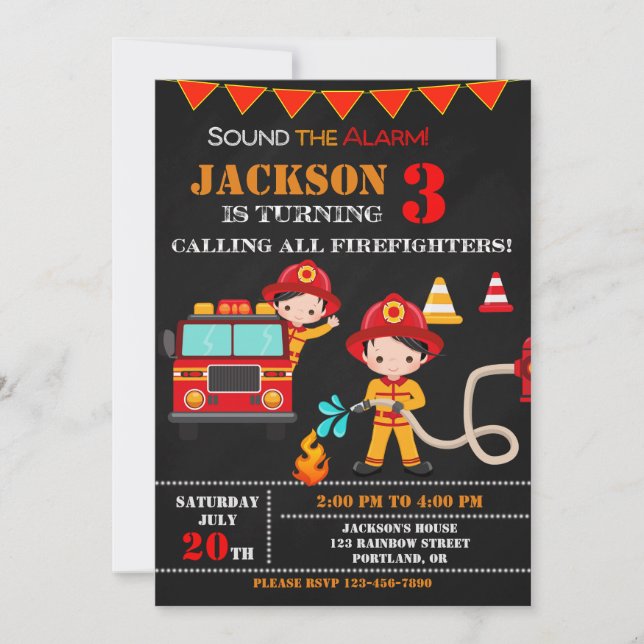 Invitación de cumpleaños del bombero fiesta de cam (Anverso)
