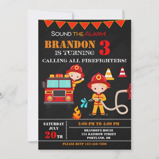 Invitación de cumpleaños del bombero fiesta de cam (Anverso)