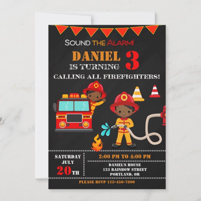 Invitación de cumpleaños del bombero fiesta de cam (Anverso)