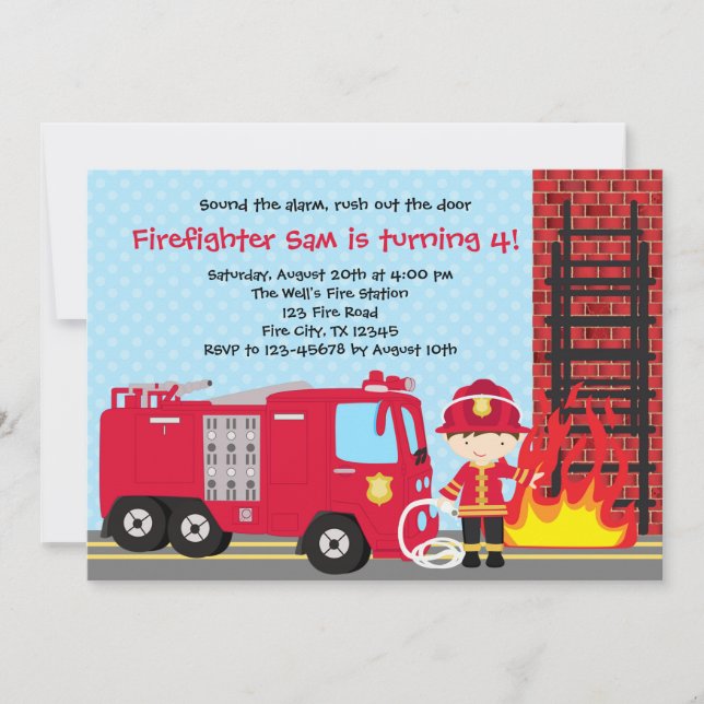 Invitación de cumpleaños del bombero niño camión b (Anverso)