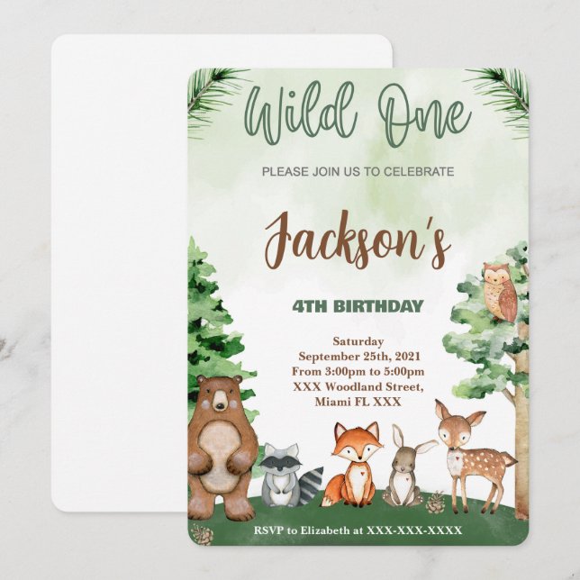 Invitación de cumpleaños del bosque (Anverso / Reverso)