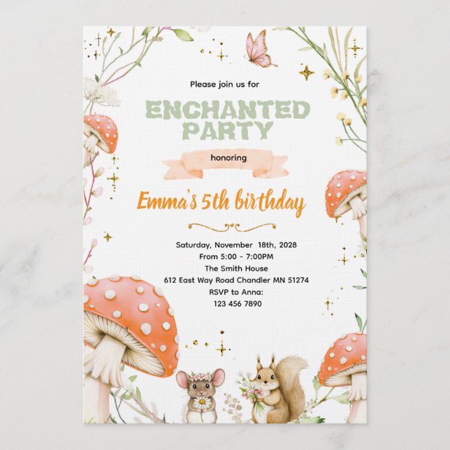 Invitación de cumpleaños del bosque encantado (Anverso)