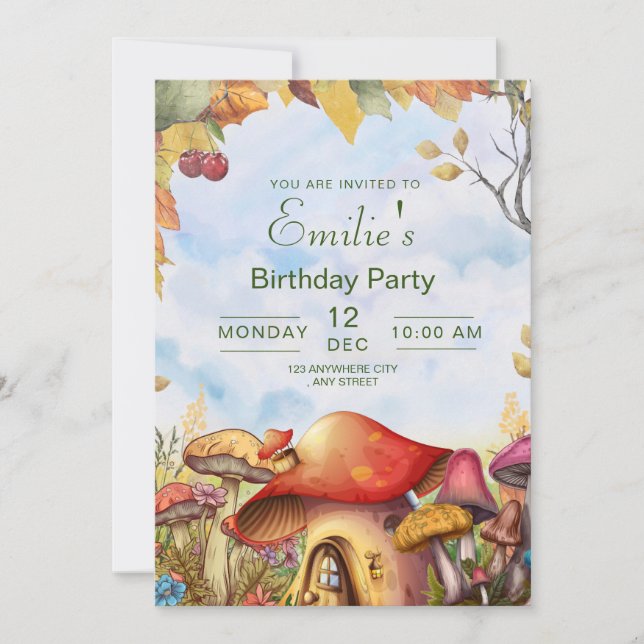 Invitación de cumpleaños del bosque, hongo del bos (Anverso)