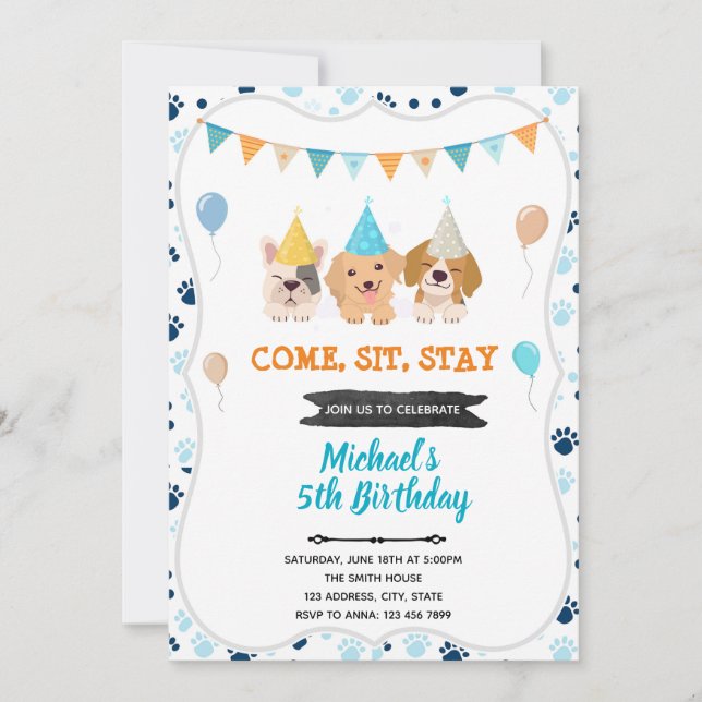 Invitación de cumpleaños del cachorro de perro lin (Anverso)