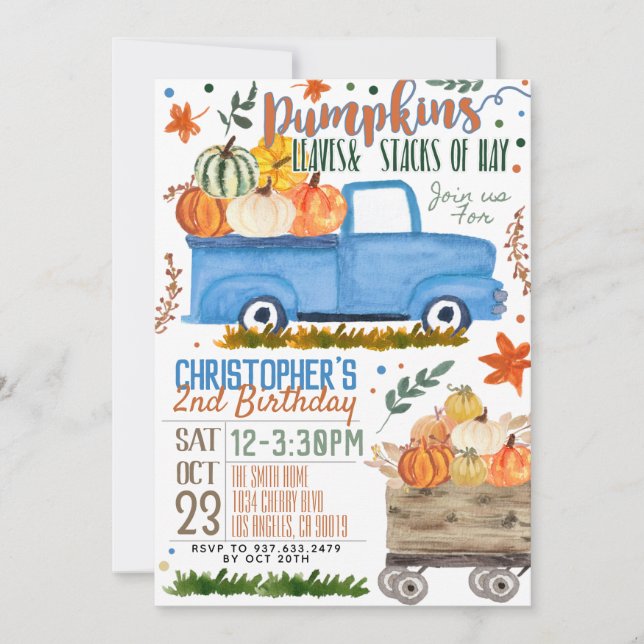 Invitación de cumpleaños del camión de calabaza (Anverso)