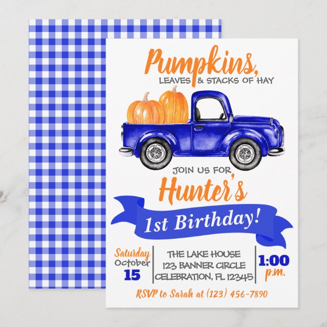 Invitación de cumpleaños del camión de calabaza -  (Anverso / Reverso)