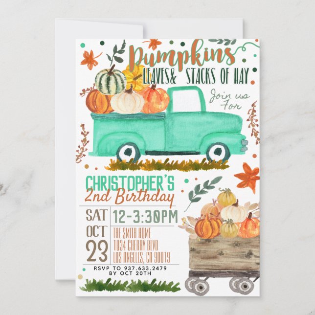 Invitación de cumpleaños del camión de calabaza (Anverso)