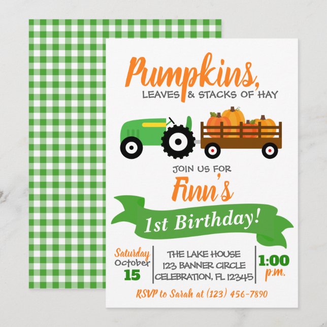 Invitación de cumpleaños del camión de calabaza -  (Anverso / Reverso)