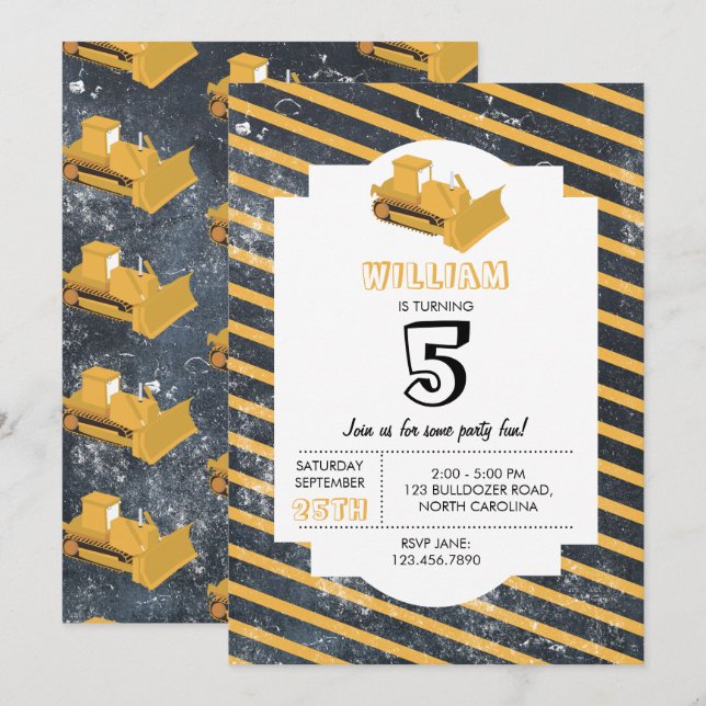 Invitación de cumpleaños del camión de construcció (Anverso / Reverso)