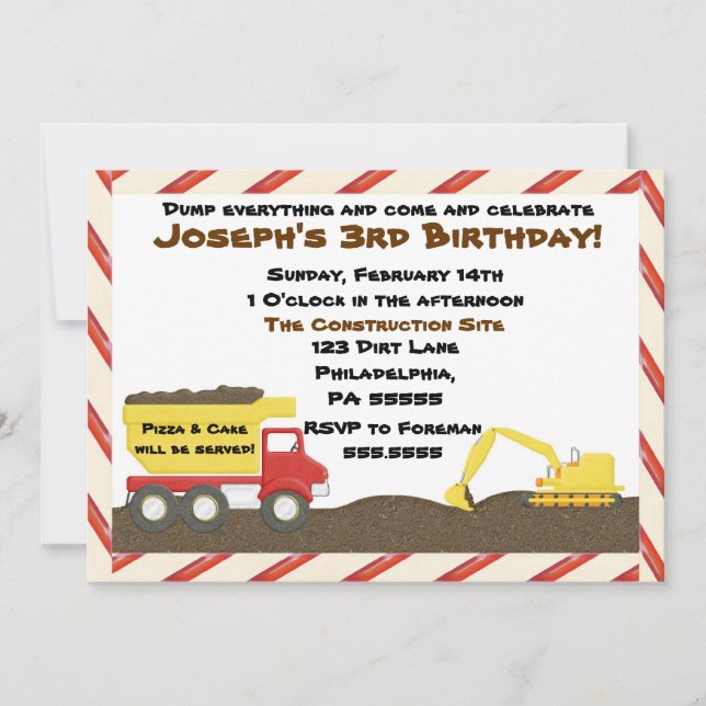 Invitación de cumpleaños del camión volcado (Anverso)