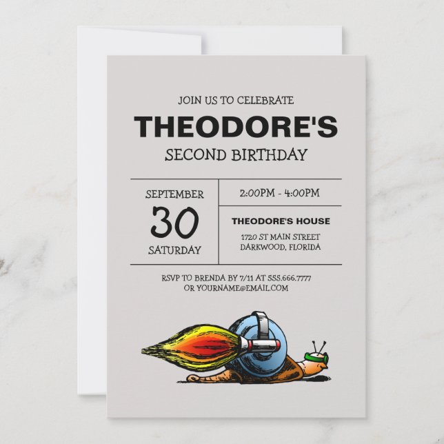 Invitación de cumpleaños del caracol cohete (Anverso)