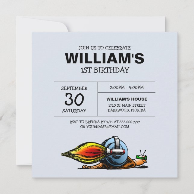 Invitación de cumpleaños del caracol cohete (Anverso)