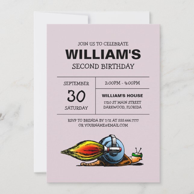 Invitación de cumpleaños del caracol cohete (Anverso)