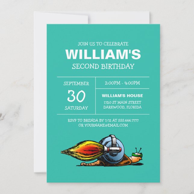 Invitación de cumpleaños del caracol cohete (Anverso)