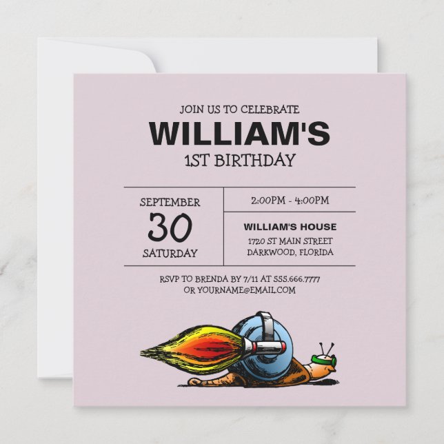 Invitación de cumpleaños del caracol cohete (Anverso)