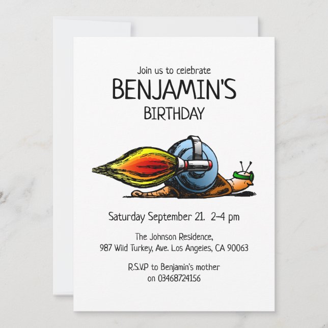 Invitación de cumpleaños del caracol cohete (Anverso)