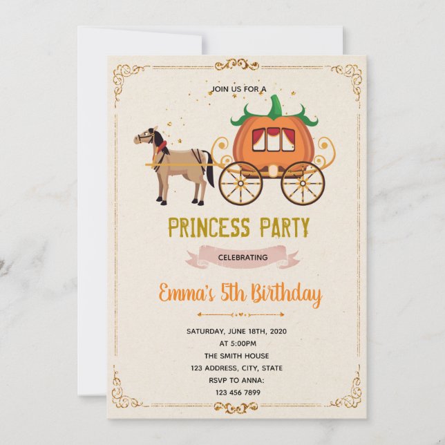 Invitación de cumpleaños del carruaje de calabaza (Anverso)